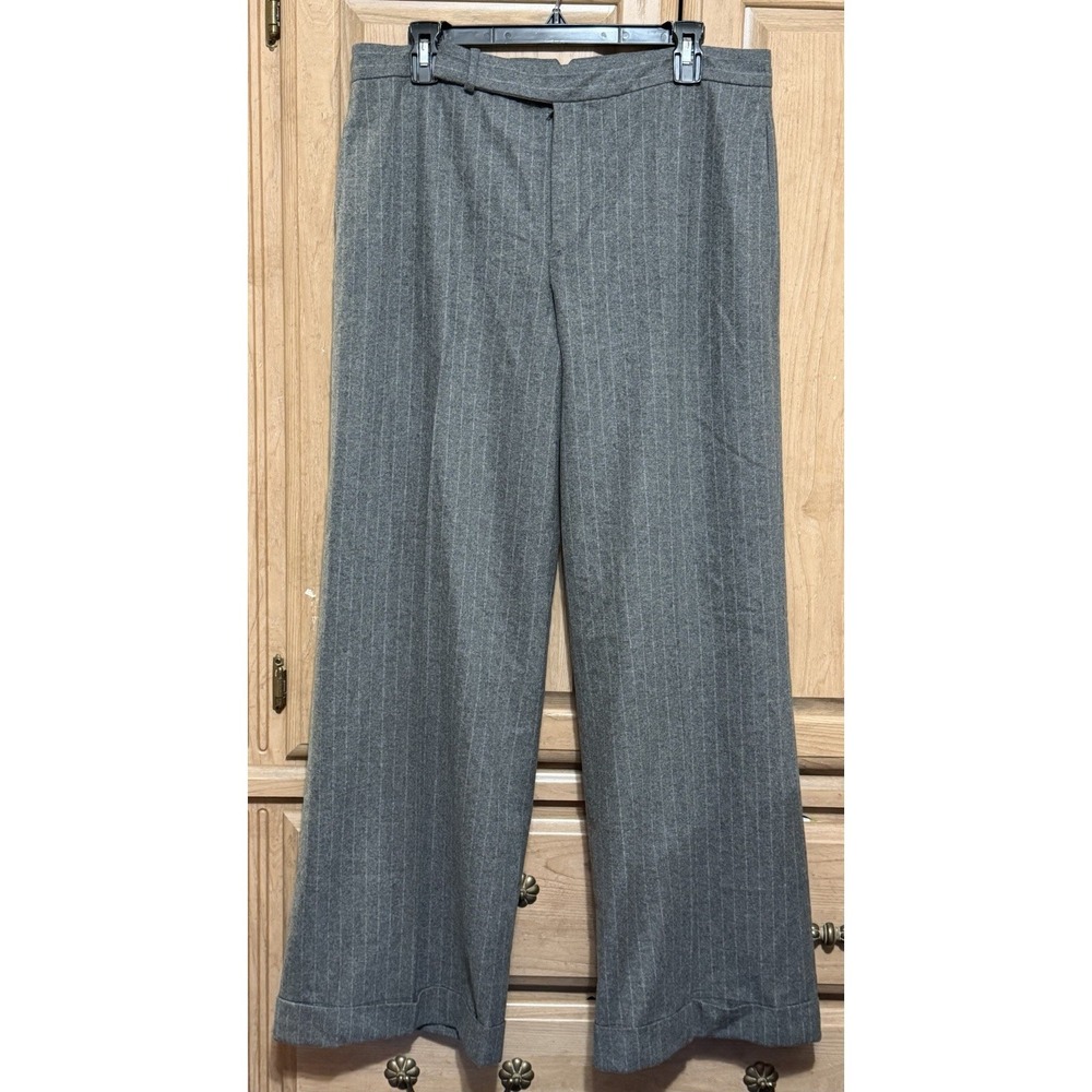 Ralph Lauren 100% Merino Wool Dress Pants Womens 12 Wide Leg‎ Striped Cuff Lined